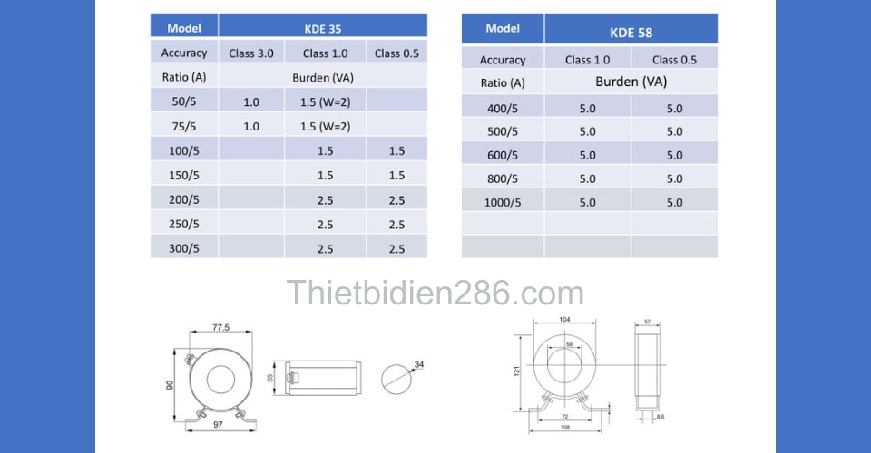 Kích thước biến dòng đo lường KDE35-50/5A