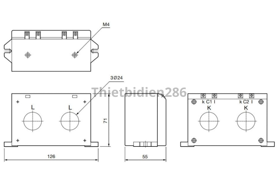 Kích thước biến dòng 2 pha liền khối 2CT-DH-C Schneider