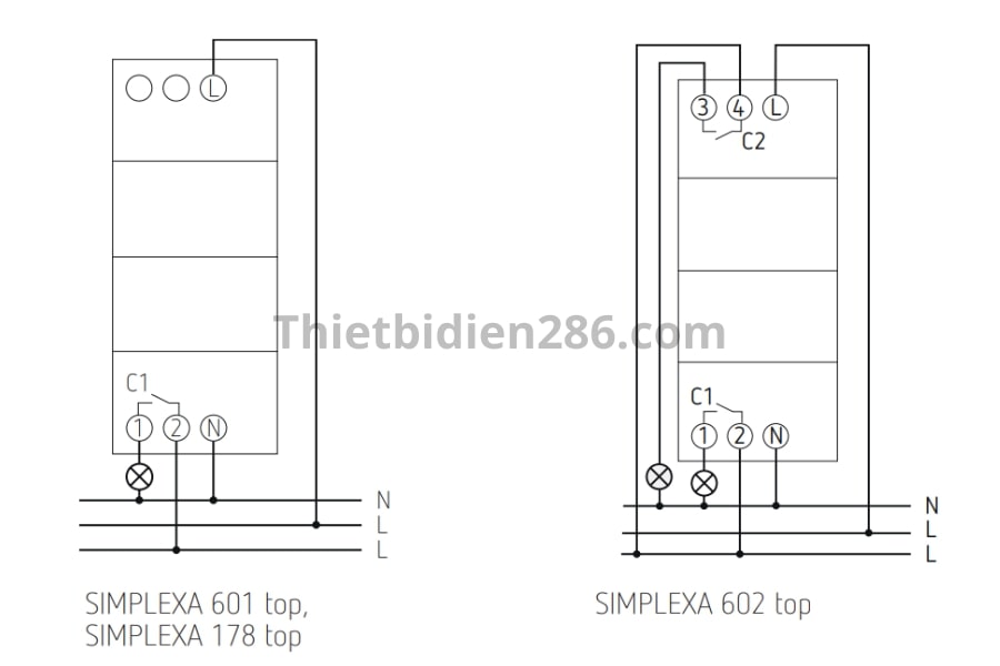 Sơ đồ cầu nối công tắc điện tử hẹn giờ Timer SIMPLEXA Theben