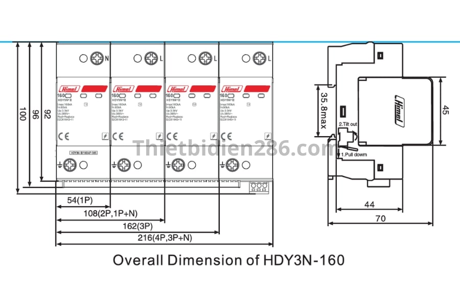 Kích thước chống sét lan truyền Himel HDY3N 160kA