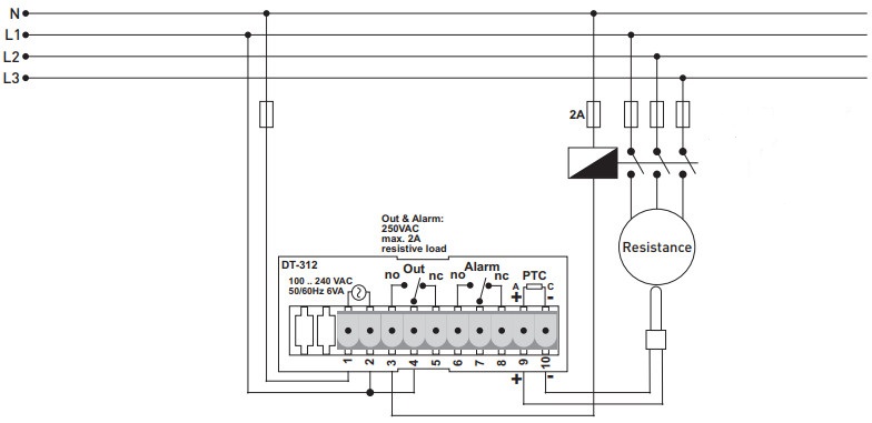 Sơ đồ nối DT-312 bộ điều khiển nhiệt độ Tense