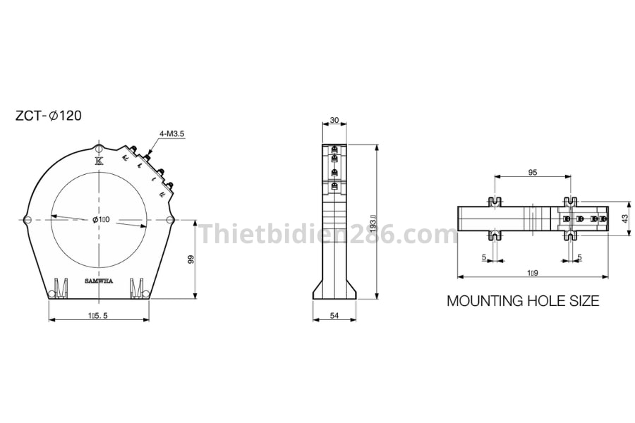 Kích thước biến dòng bảo vệ chạm đất EOCR-ZCT-120 Schneider