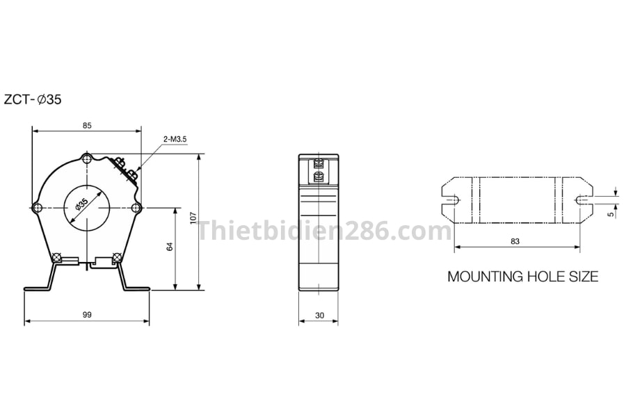 Kích thước biến dòng bảo vệ chạm đất EOCR ZCT-35 Schneider