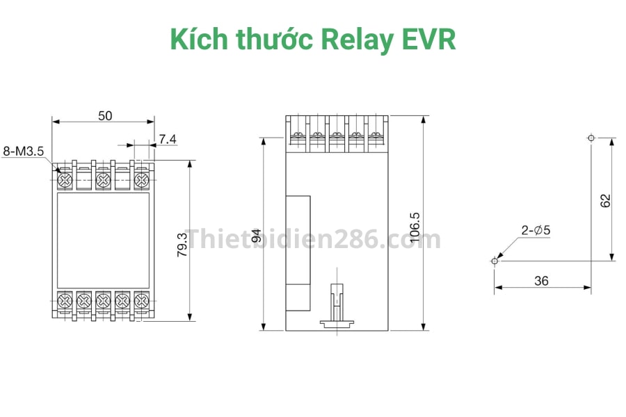 Kích thước rơ lay bảo vệ pha Schneider EVR