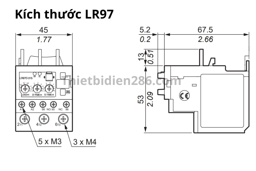 Kích thước rơ le điện tử LR97 Schneider