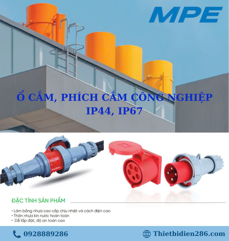 Ổ cắm công nghiệp MPE IP44, IP67 - Phích cắm công nghiệp MPE IP44, IP67Ổ cắm phích cắm công nghiệp MPE bao gồm nhiều loại như ổ cắm cố định 3 pha MPE 63A và các loại phích cắm di động từ 16A đến 32A, thích hợp cho sử dụng trong môi trường công nghiệp với độ bảo vệ cao (IP67, IP44). 