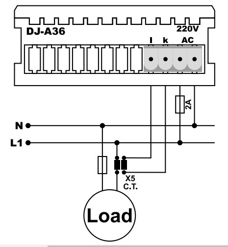 Sơ đồ nối đồng hồ đo dòng điện 1 pha DJ-A36