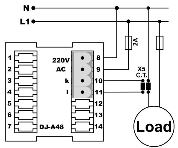 Sơ đồ nối đồng hồ đo dòng điện 1 pha DJ-A48