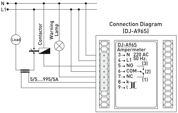 Sơ đồ nối đồng hồ đo dòng điện 1 pha DJ-A96S