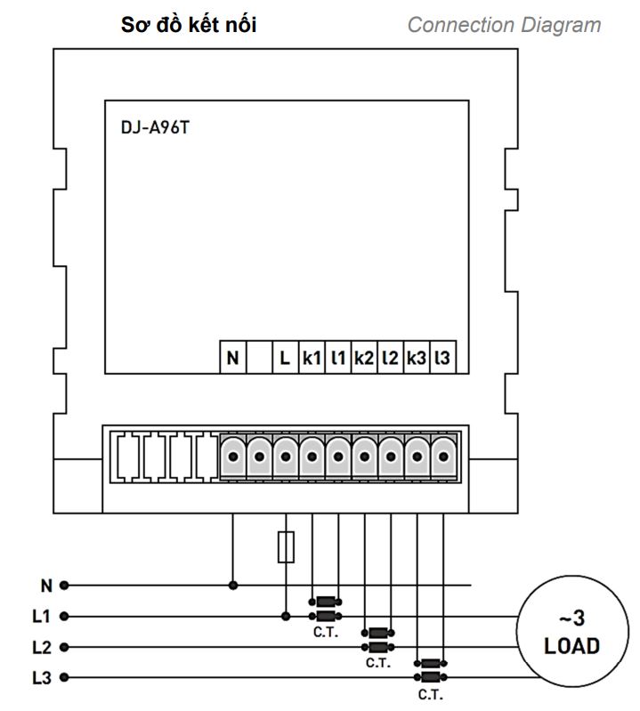 Sơ đồ nối đồng đo dòng điện 1 pha DJ-A96T
