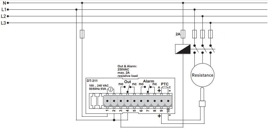 Sơ đồ nối DT-311 bộ điều khiển nhiệt độ kỹ thuật số, lắp mặt tủ