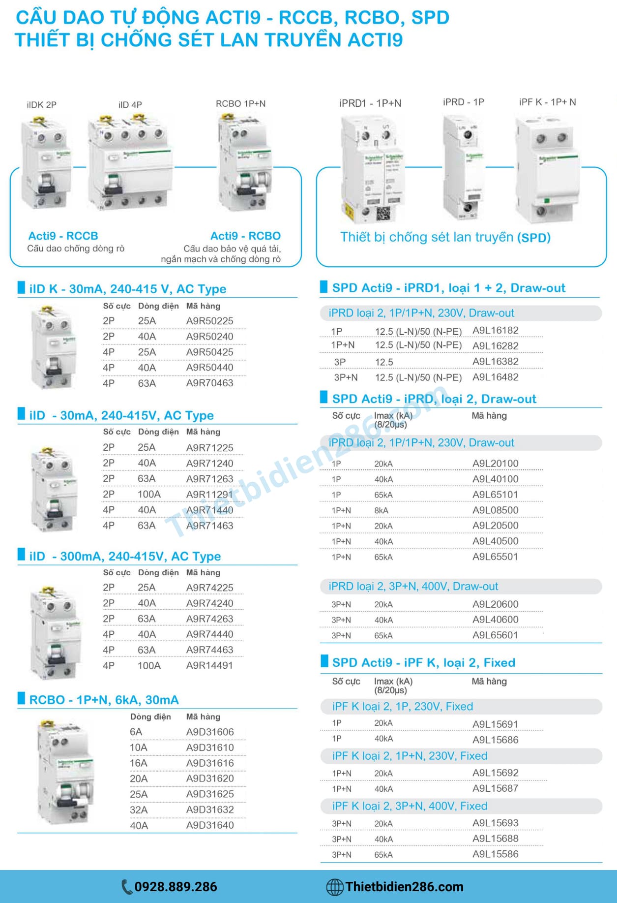 Chong-giat-RCCB-Acti9-Schneider, Chong-giat-RCBO-Acti9-Schneider, Chong-set-SPD-Acti9-Schneider