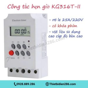 Công tắc hẹn giờ KG316T-II là một thiết bị hẹn giờ điện tử với công suất tải lên tới 25A. Nó cho phép lập lịch hẹn giờ cho cả tuần hoặc từng ngày riêng lẻ, giúp điều khiển thiết bị điện tự động bật và tắt theo thời gian đã định. Hiện tại, có nhiều phiên bản của KG316T-II được cung cấp trên thị trường.