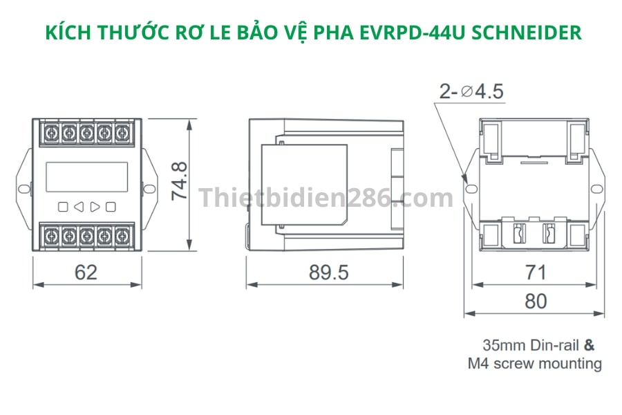 Kích thước rơ le bảo vệ pha EVRPD-44U Schneider