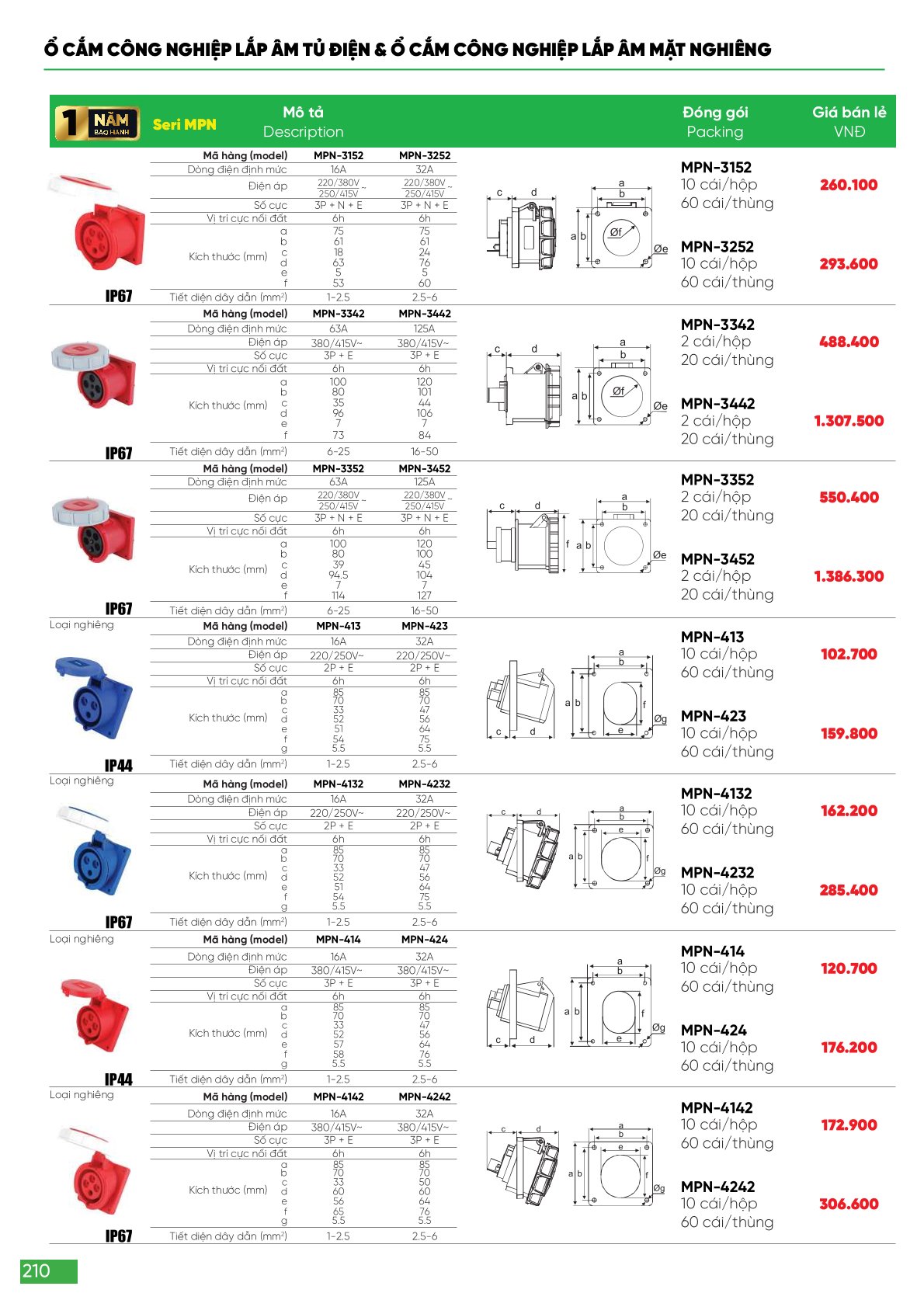 Ổ cắm phích cắm công nghiệp MPE bao gồm nhiều loại như ổ cắm cố định 3 pha MPE 63A và các loại phích cắm di động từ 16A đến 32A, thích hợp cho sử dụng trong môi trường công nghiệp với độ bảo vệ cao (IP67, IP44). 