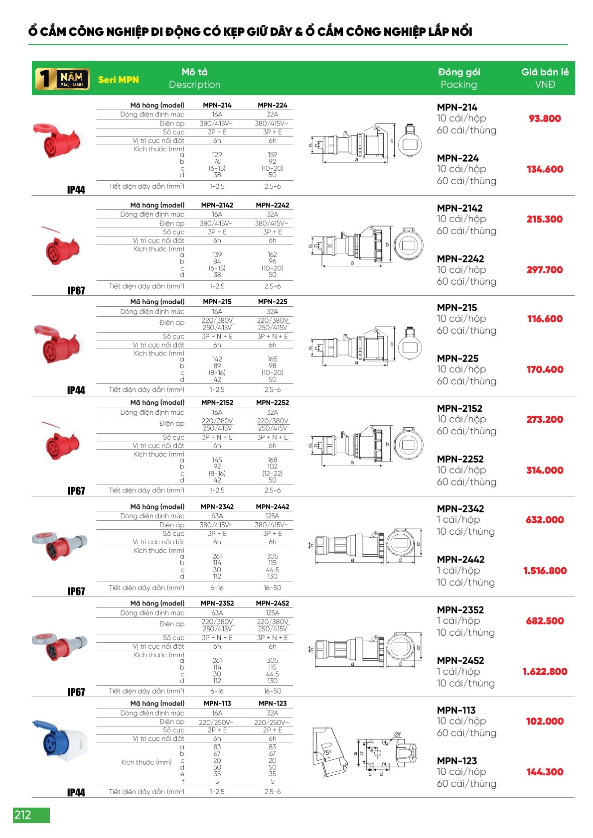 Ổ cắm phích cắm công nghiệp MPE bao gồm nhiều loại như ổ cắm cố định 3 pha MPE 63A và các loại phích cắm di động từ 16A đến 32A, thích hợp cho sử dụng trong môi trường công nghiệp với độ bảo vệ cao (IP67, IP44). 