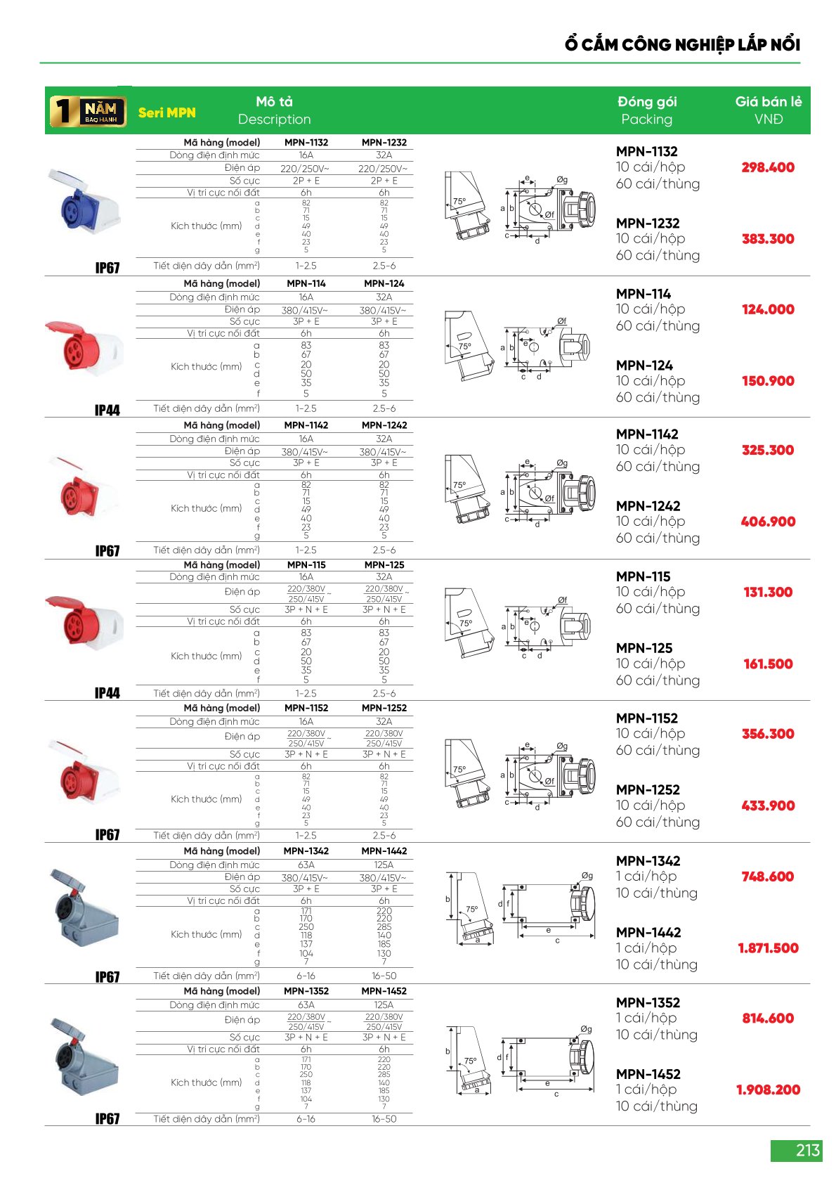 Ổ cắm phích cắm công nghiệp MPE bao gồm nhiều loại như ổ cắm cố định 3 pha MPE 63A và các loại phích cắm di động từ 16A đến 32A, thích hợp cho sử dụng trong môi trường công nghiệp với độ bảo vệ cao (IP67, IP44). 