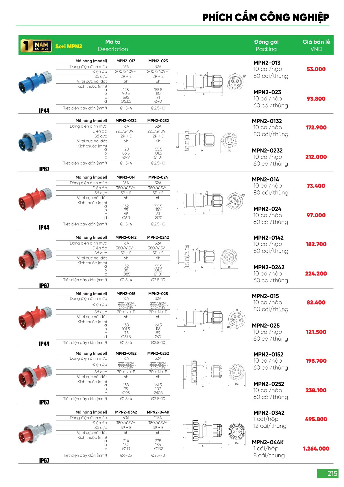 Ổ cắm phích cắm công nghiệp MPE bao gồm nhiều loại như ổ cắm cố định 3 pha MPE 63A và các loại phích cắm di động từ 16A đến 32A, thích hợp cho sử dụng trong môi trường công nghiệp với độ bảo vệ cao (IP67, IP44). 