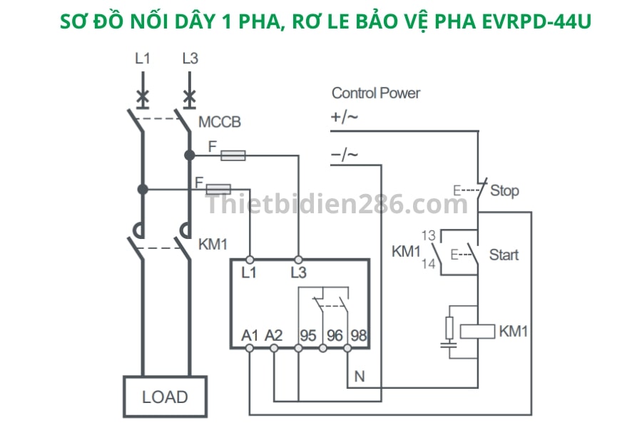 Sơ đồ nối dây 1 pha rơ le bảo vệ pha EVRPD-44U Schneider