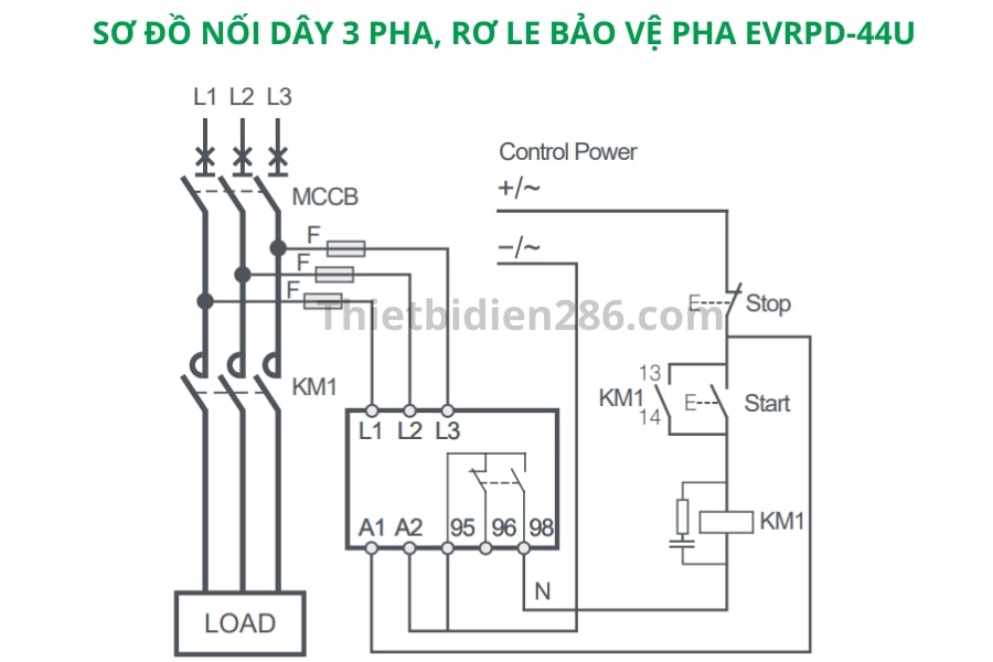 Sơ đồ nối dây 3 pha rơ le bảo vệ pha EVRPD-44U Schneider