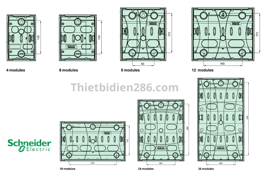 Kích thước không gian bên trong tủ điện âm tường Resi9 Schneider