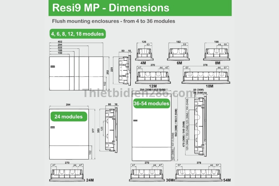 Kích thước tủ điện âm tường cửa mờ Resi9 Schneider
