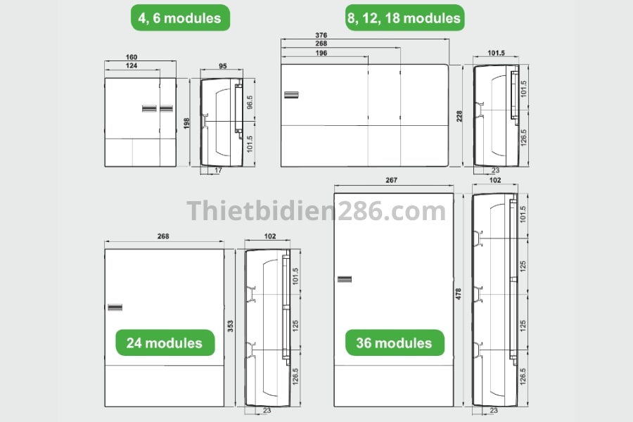 Kích thước tủ điện cửa trắng nhựa nổi Resi9 Schneider