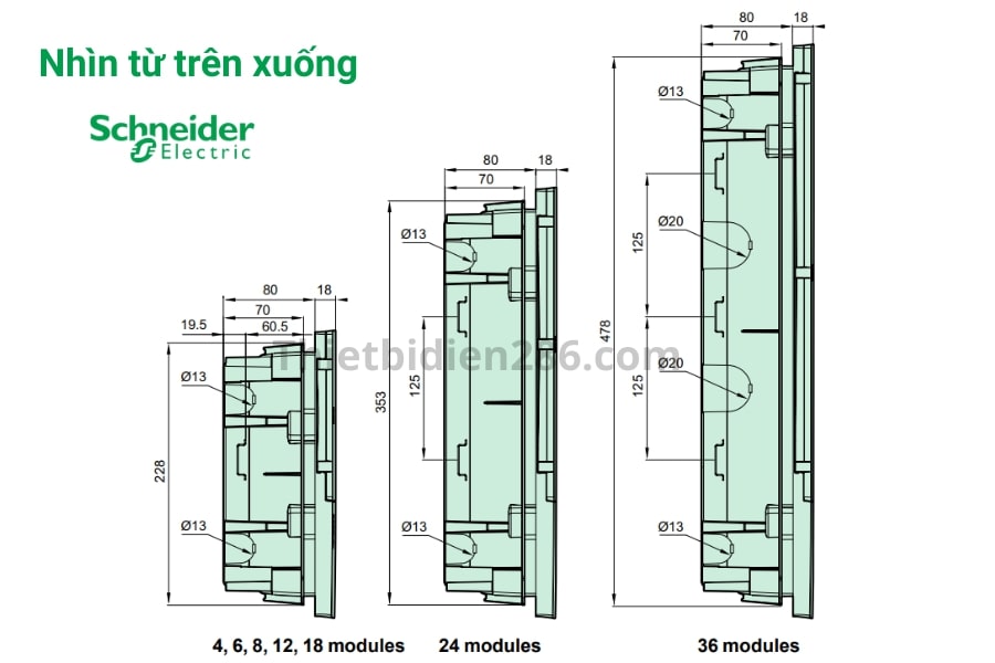 Kích thước tủ điện nhựa âm tường Resi9 Schneider