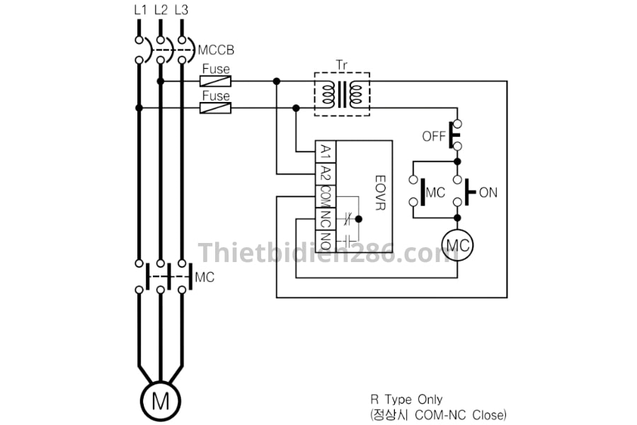 Sơ đồ cầu nối rơ le bảo vệ pha thấp áp EOVR Schneider