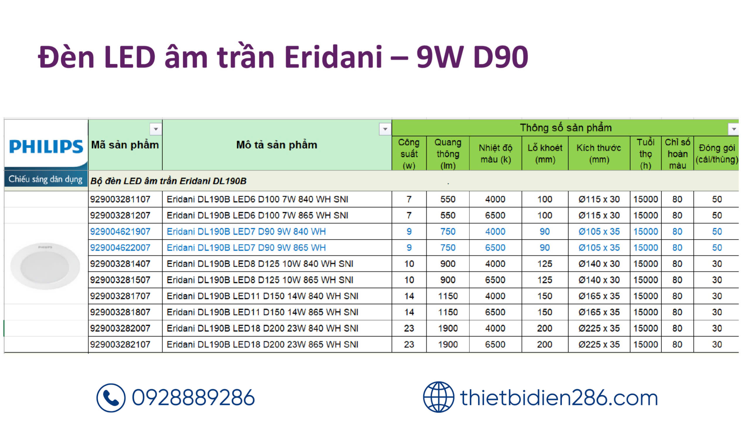 Đèn LED âm trần Eridani 9W DL190B LED7 D90 WH Philips