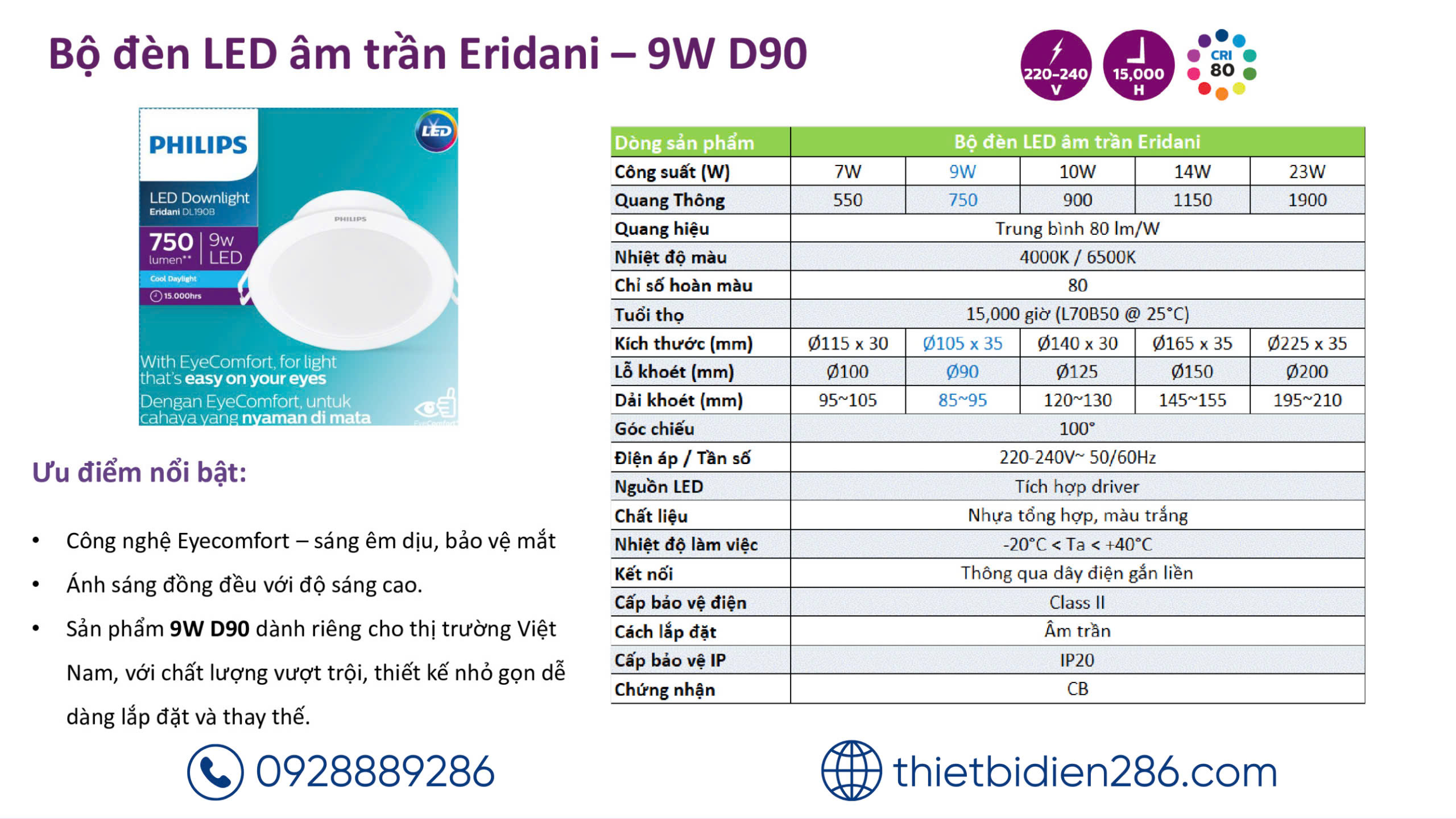 Đèn led âm trần Eridani 7W DL190B LED6 D100 Philips