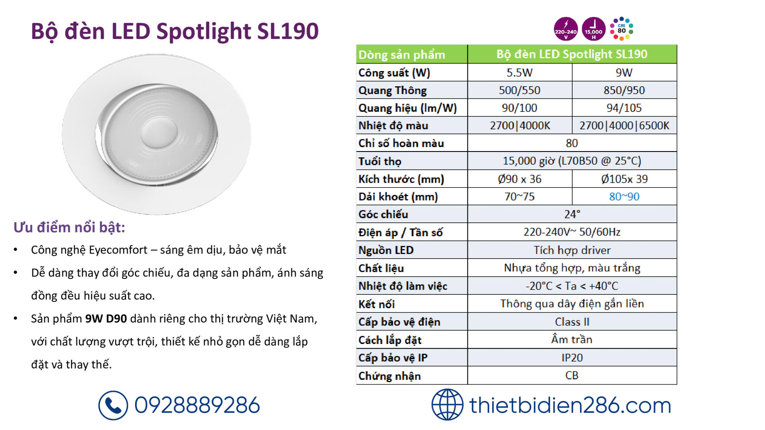 Đèn led âm trần chiếu điểm spotlight philips, dòng SL190 