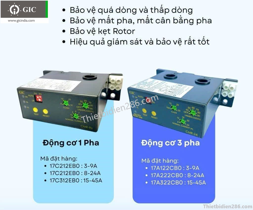Rơ le bảo vệ động cơ GIC – Bảo vệ quá dòng, mất pha, kẹt rotor hiệu quả. Có đủ phiên bản 1 pha và 3 pha