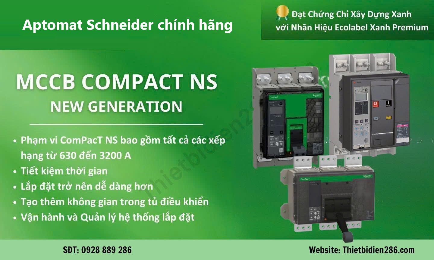 MCCB Compact NS Schneider chính hãng – aptomat khối công suất lớn (630-3200A), dòng cắt 50-200kA với trip unit Micrologic.